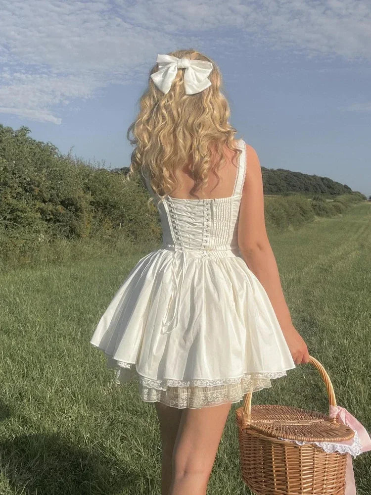 Mingmingxi Sexy Spaghetti Strap Corset Dress Elegant Fluffy Party Dresses Slim A Line Lace Up Dress Cotton Women Clothing