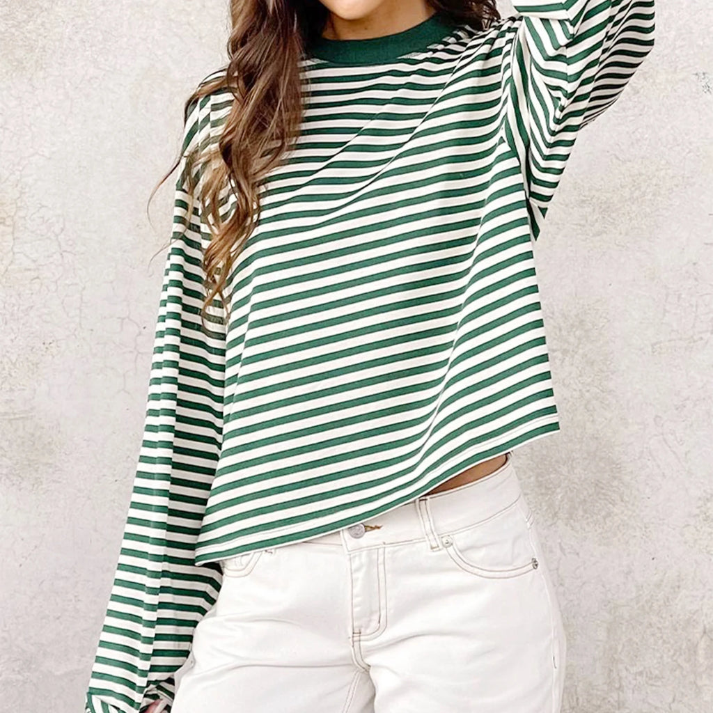 Women Retro T-shirt Long Sleeve Crew Neck Loose Ladies Fall Casual Striped Top Streetwear