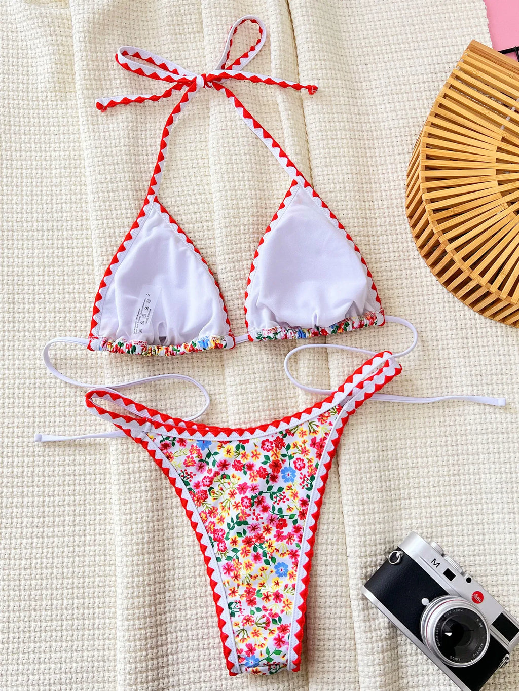 sexy red floral print bikinis sets two pieces halter triangle swimwear bohemian swimsuit women biquini thong bathing suits