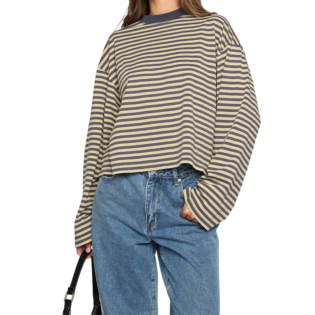 Women Retro T-shirt Long Sleeve Crew Neck Loose Ladies Fall Casual Striped Top Streetwear