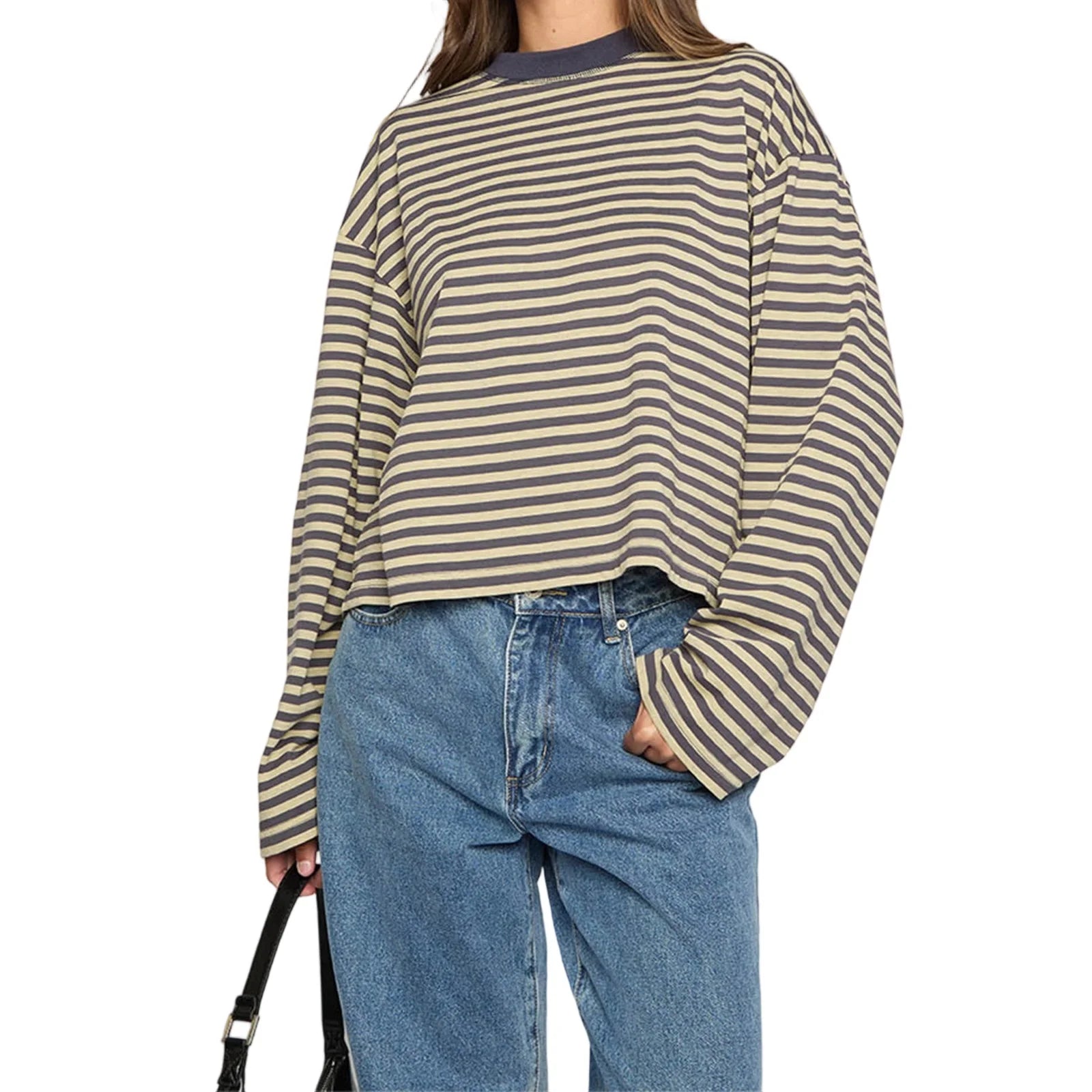 Women Retro T-shirt Long Sleeve Crew Neck Loose Ladies Fall Casual Striped Top Streetwear