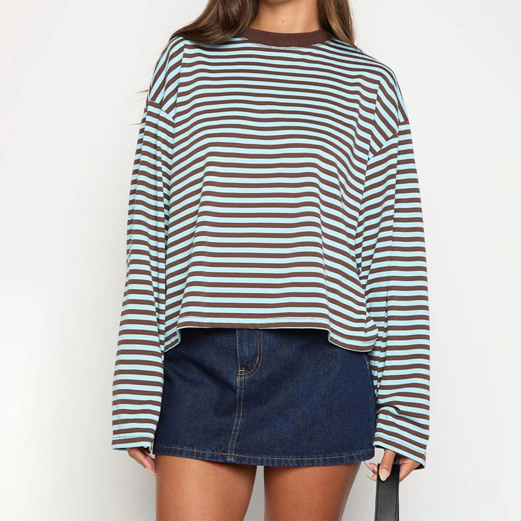 Women Retro T-shirt Long Sleeve Crew Neck Loose Ladies Fall Casual Striped Top Streetwear