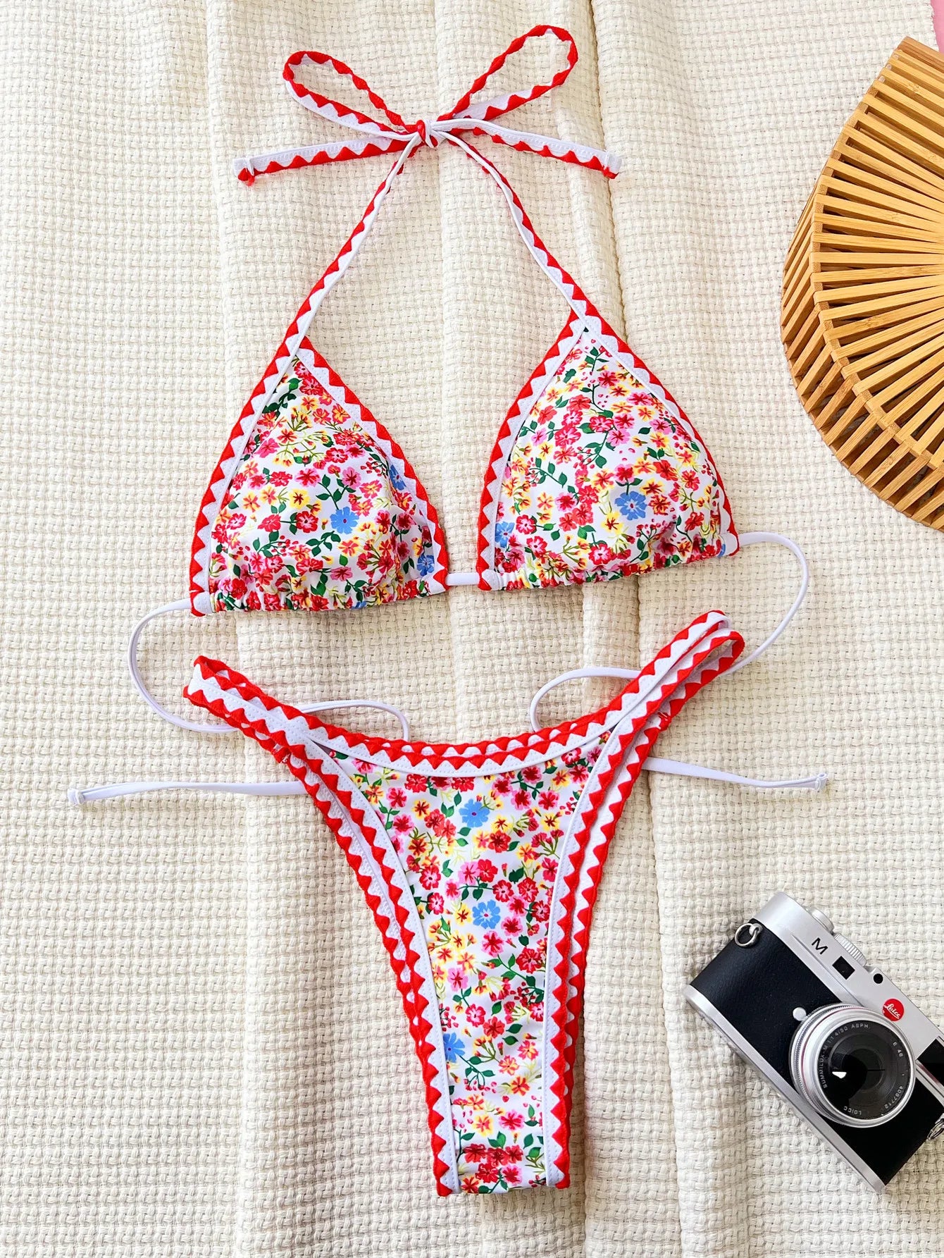 sexy red floral print bikinis sets two pieces halter triangle swimwear bohemian swimsuit women biquini thong bathing suits