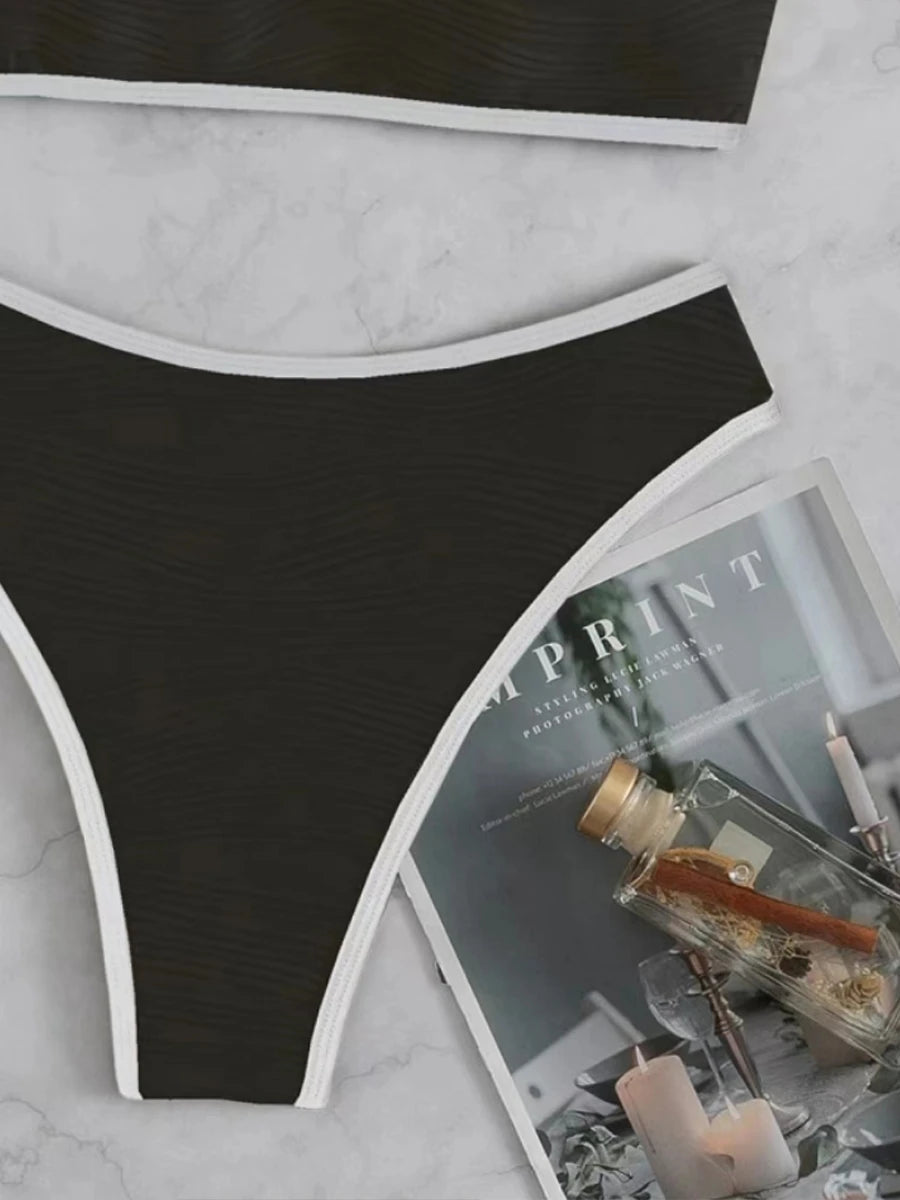 2026 Women Sexy Thong Swimsuit Push Up Swimwear Contrast Binding Bandeau Bikinis Female Bathing Suit Swimming Summer Beachwear