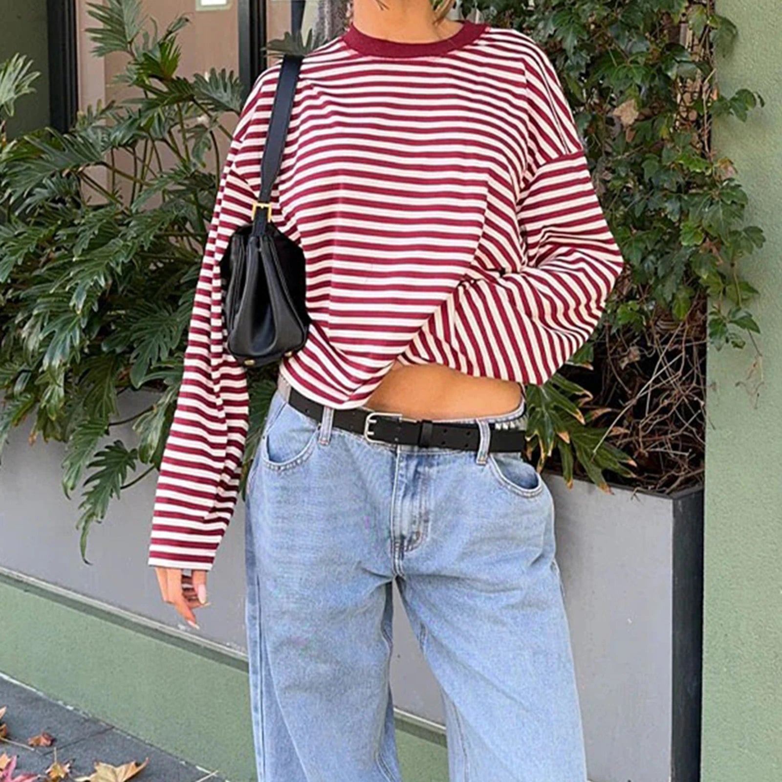 Women Retro T-shirt Long Sleeve Crew Neck Loose Ladies Fall Casual Striped Top Streetwear