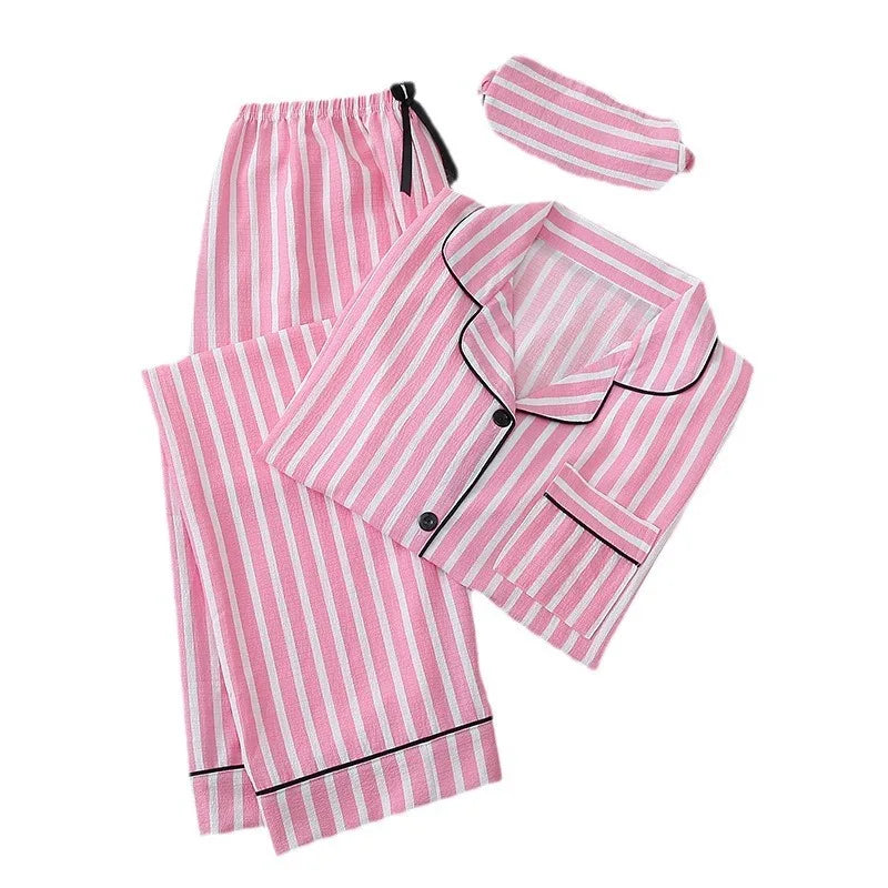 Sexy Sleepwear Women Plus Size Pink Striped Pajamas Bubble Crumpled Cotton Student Loungewear Long Sleeve Long Pants Nightwear