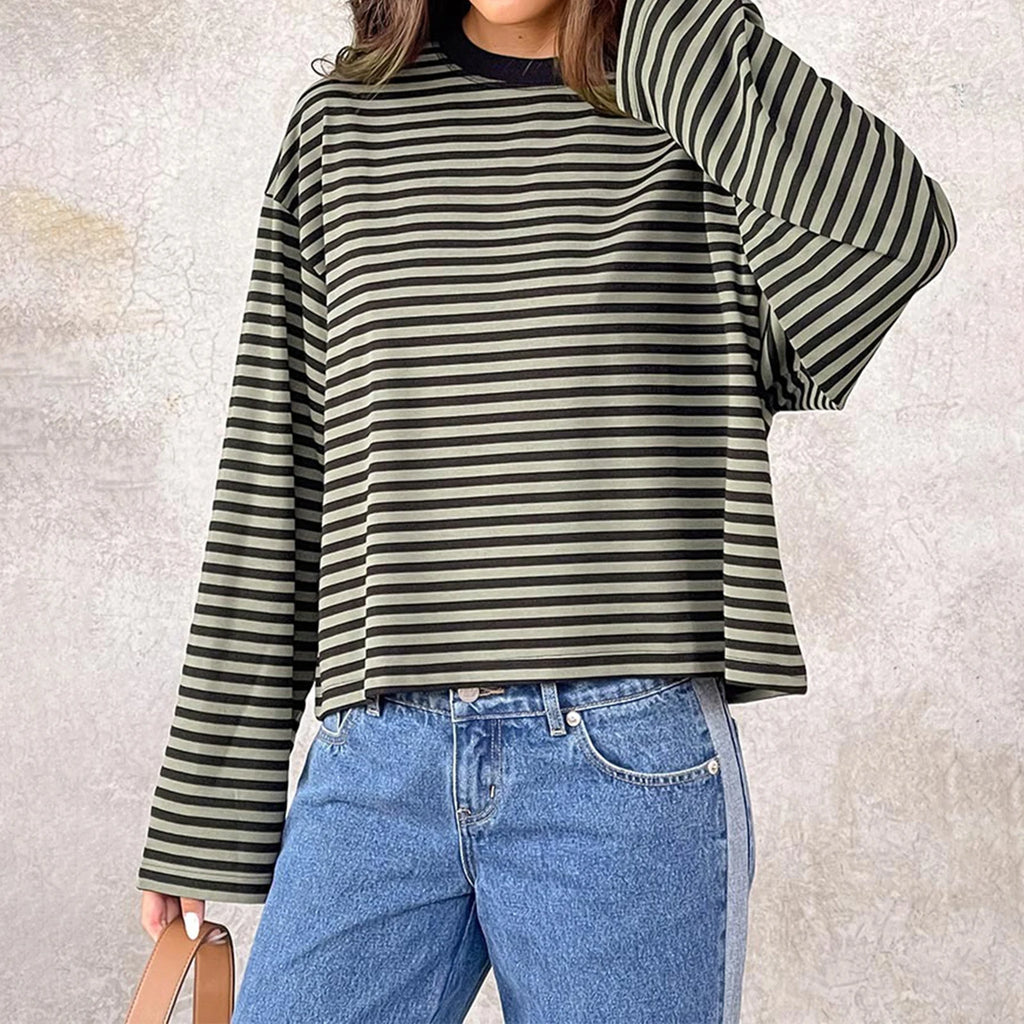 Women Retro T-shirt Long Sleeve Crew Neck Loose Ladies Fall Casual Striped Top Streetwear