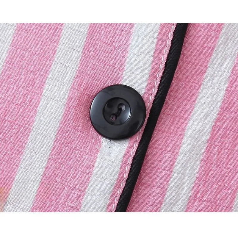 Sexy Sleepwear Women Plus Size Pink Striped Pajamas Bubble Crumpled Cotton Student Loungewear Long Sleeve Long Pants Nightwear