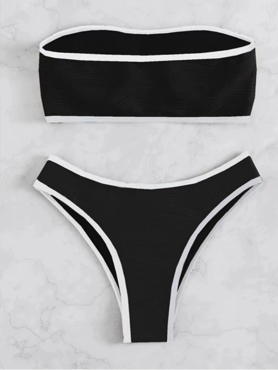 2026 Women Sexy Thong Swimsuit Push Up Swimwear Contrast Binding Bandeau Bikinis Female Bathing Suit Swimming Summer Beachwear