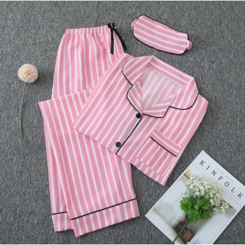 Sexy Sleepwear Women Plus Size Pink Striped Pajamas Bubble Crumpled Cotton Student Loungewear Long Sleeve Long Pants Nightwear