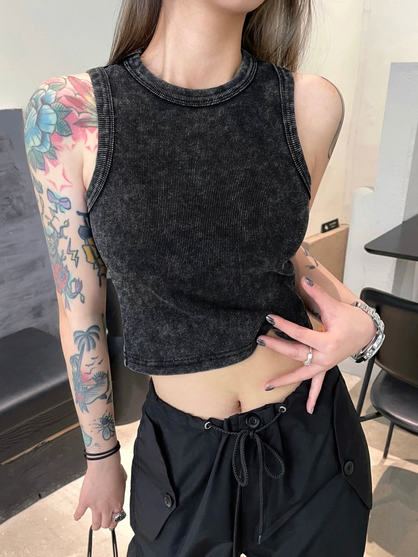 Y2k Cotton Solid Tank Tops For Womens Summer Sexy Sleeveless O-Neck Tight Washed Crop Tees Casual All-math Basic Streetwear