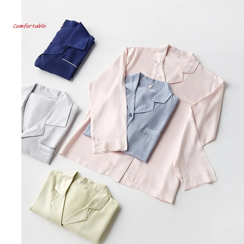 High Quality Couples Sleepwear Casual Solid Color Long Sleeve Long Trousers Pajama Set Couple Cotton Viscose Sleepwear Set