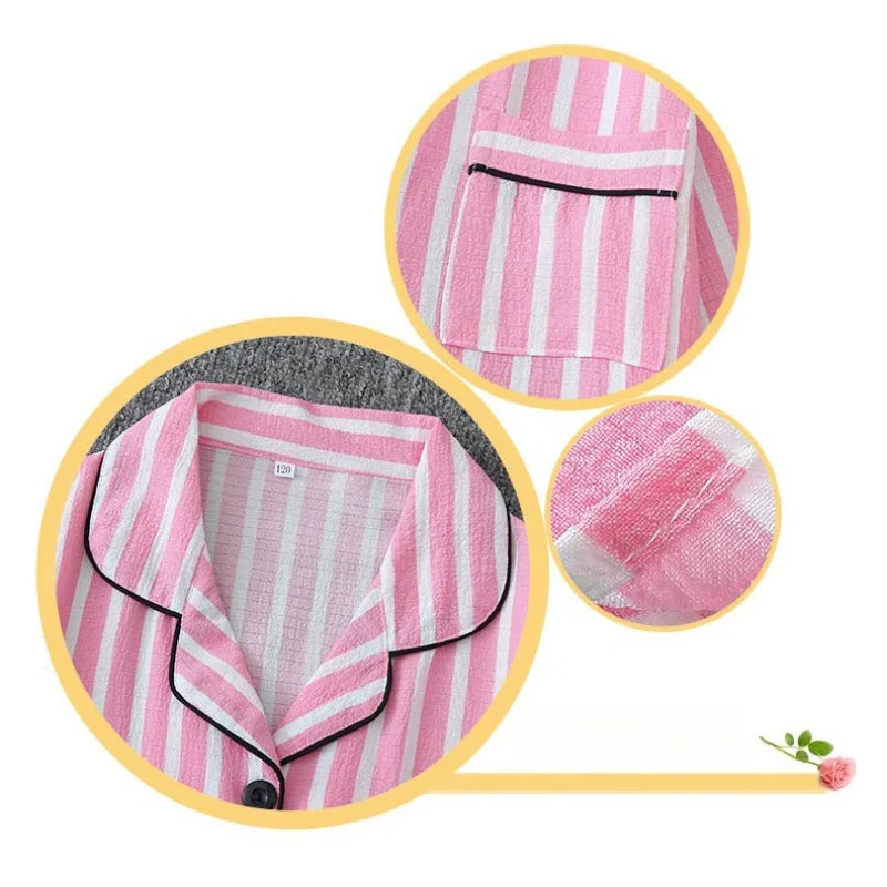 Sexy Sleepwear Women Plus Size Pink Striped Pajamas Bubble Crumpled Cotton Student Loungewear Long Sleeve Long Pants Nightwear