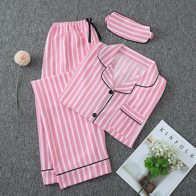 Sexy Sleepwear Women Plus Size Pink Striped Pajamas Bubble Crumpled Cotton Student Loungewear Long Sleeve Long Pants Nightwear