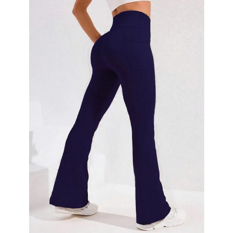 High Waist Flare Leg Yoga Pants Women with Pocket Push Up Butt  Running Tights Wide Leg Pants Gym Outdoor Cycling Leggings
